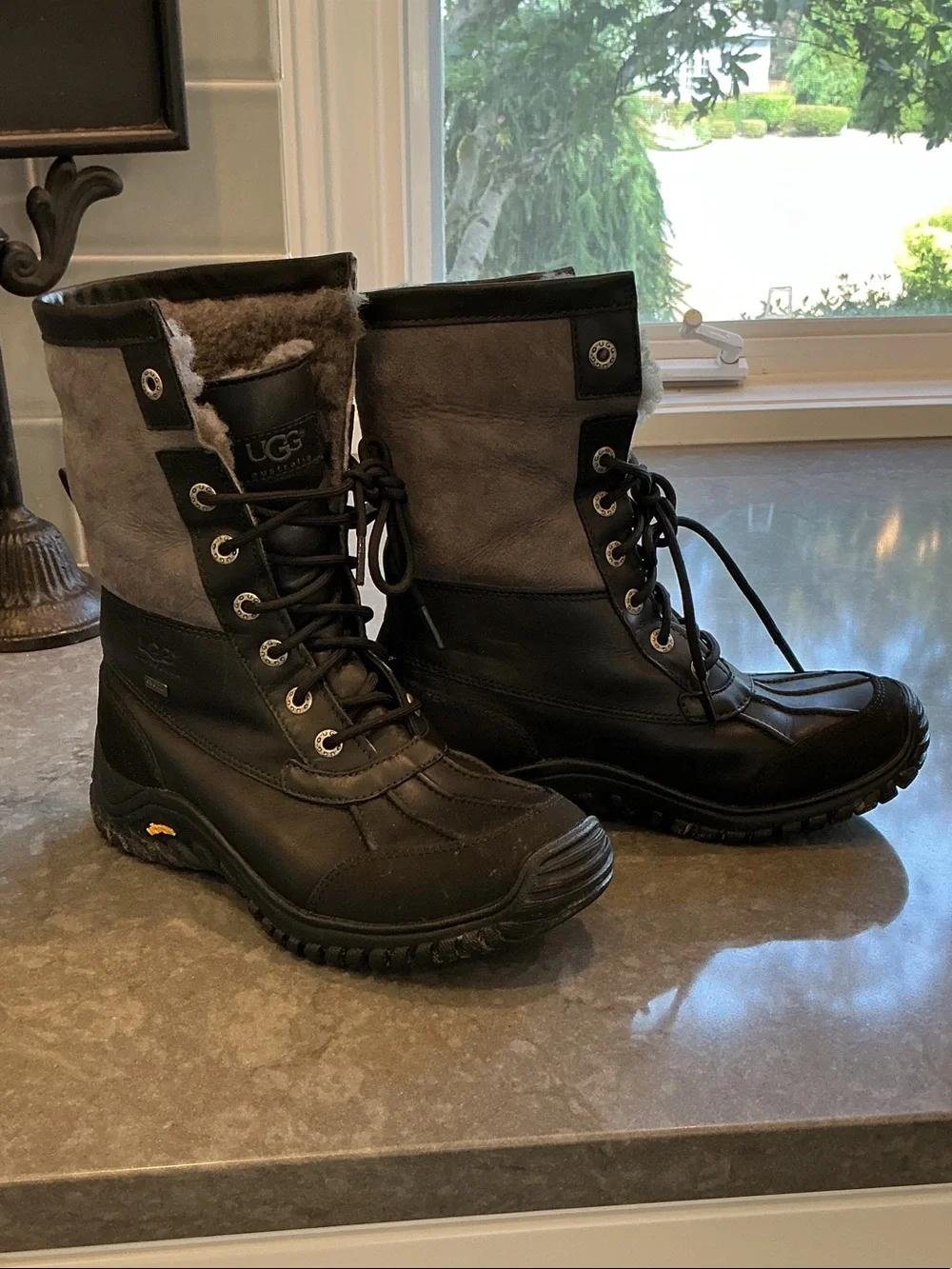 UGG Black and Gray Lace-Up Waterproof Adirondack Winter Boots w/ Shearling trim